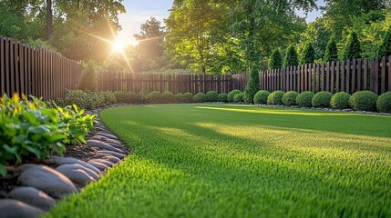 Beautiful well-maintained backyard garden with lush green grass, rounded shrubs, stone edging, wooden fence, and trees bathed in warm sunlight during late afternoon