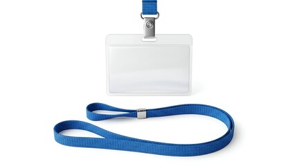 A clear plastic ID holder with a blue lanyard, resting on a white background