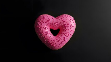 Pink heart shaped donut with sprinkles on a dark background for valentines day