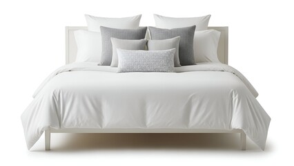 A minimalist bed with white linens and pillows in various shades of gray