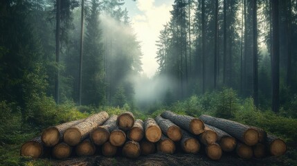 Pile of freshly cut logs stacked on forest floor with tall pine trees and misty sunlight filtering through