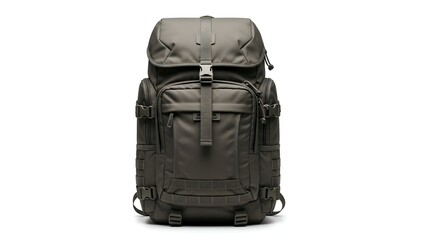 A large, grey backpack with multiple compartments, straps, and buckles, set against white