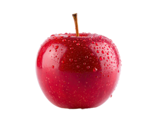 A vibrant, glistening red apple with water droplets, isolated on a black background