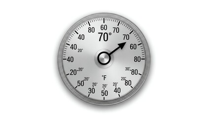 A circular, metallic temperature gauge reads 70 degrees, with shadow, isolated