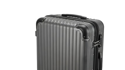 Close-up of a gray, vertically-grooved travel suitcase against a bright white background