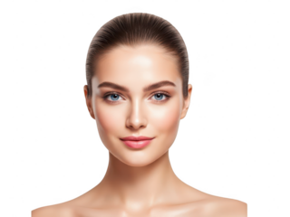 Beauty model portrait with radiant skin, blue eyes, and sleek hair. 