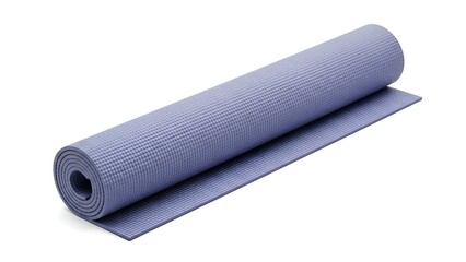 Rolled-up blue exercise mat on white background, partial unrolling visible