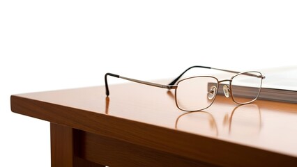 Eyeglasses rest on a wooden desk next to a book against a bright white backdrop