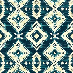 Seamless geometric tribal pattern with diamond shapes and zigzag lines in dark teal and cream colors creating rhythmic and balanced visual texture
