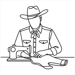 A cowboy tailor at work on a sewing machine, a simple line drawing representing craftsmanship, skill, and creative pastimes