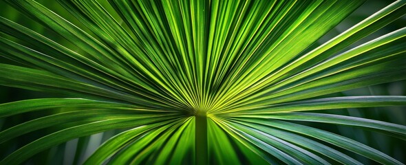 Obraz premium Close-up of a vibrant green tropical palm leaf with radiating linear patterns and detailed textures under natural light