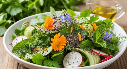 Fresh green salad with edible flowers and radish slices