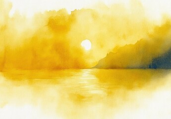 golden watercolor landscape depicting a hazy sun over calm water with distant rocky cliffs reflecting warm yellow tones