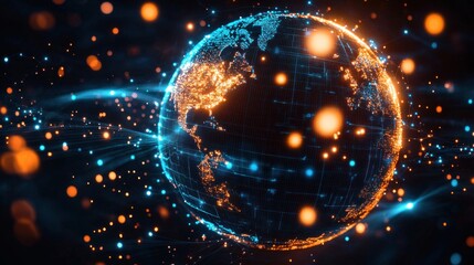 Digital representation of a glowing Earth with illuminated continents and networking lines illustrating global connectivity and data exchange in a futuristic setting