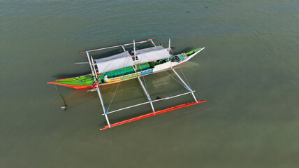 Aerial view of an outrigger boat, Palawan, The Philippines