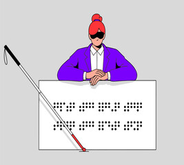 Visually impaired woman with braille sign and cane promoting accessibility and awareness for the blind community with technology and understanding