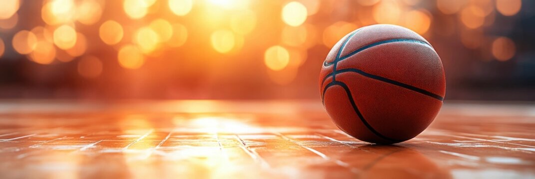 Close-up of a basketball resting on a shiny indoor court floor with warm glowing bokeh lights in the background creating an inviting atmosphere