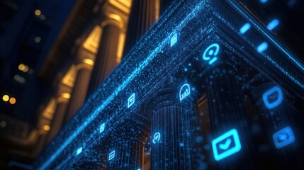 Large classical building with tall columns overlaid with glowing blue digital icons representing data and connectivity in a nighttime urban setting