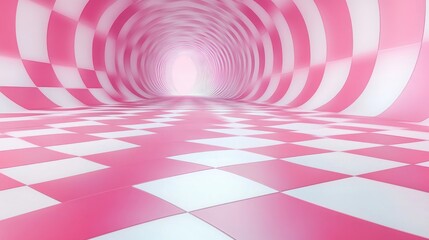 Endless tunnel with pink and white checkerboard pattern creating an abstract, surreal environment with a glowing light at the far end