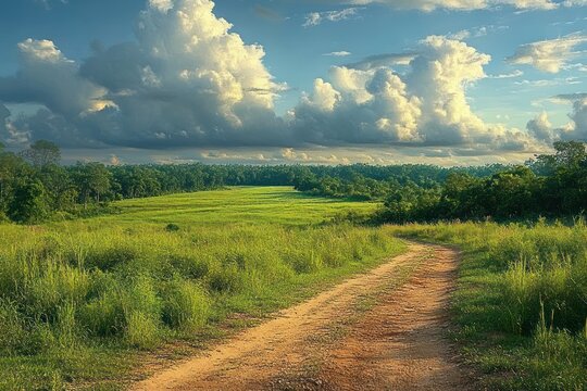Dirt path winding through lush green grass fields under a sky filled with large fluffy clouds at golden hour - Powered by Adobe