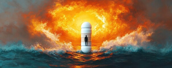 Silhouette of a person inside a large white capsule standing on turbulent ocean water with dramatic fiery orange and yellow sky in the background