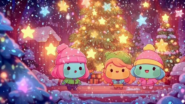 Three adorable cartoon characters celebrate a magical Christmas Eve in a snowy, star-lit wonderland.
