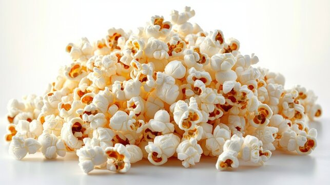 Close-up view of a large pile of freshly popped popcorn with white fluffy kernels and some golden brown spots against a white background - Powered by Adobe