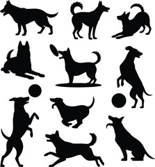 Dog silhouette vector set, playful puppy poses collection, black animal icons bundle, isolated on white background for design projects artwork
