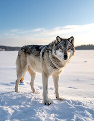 Naklejka premium Majestic Gray Wolf Standing Proudly on a Snowy Winter Landscape.
