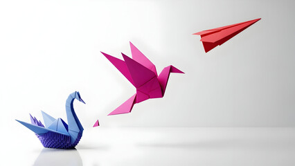 Stunning origami progression shows transformation from static swan to soaring paper airplane in vibrant colors