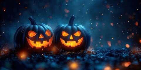 Two glowing carved pumpkins with menacing faces sitting on dark ground surrounded by floating orange sparks in a spooky foggy atmosphere