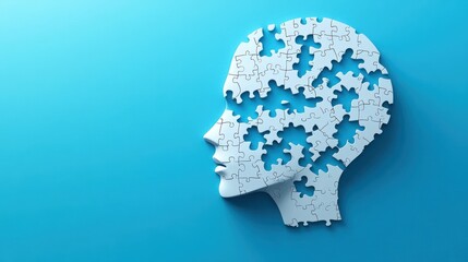 White puzzle pieces forming a human head silhouette with several pieces missing against a blue background symbolizing mental complexity or cognitive challenges