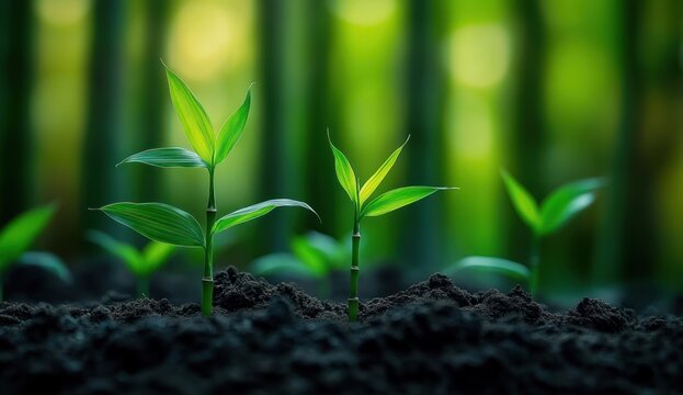 Close-up view of young green bamboo shoots sprouting from rich dark soil with blurred green bamboo forest background, evoking growth and freshness