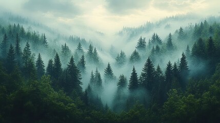 Dense evergreen forest enveloped in soft mist and low clouds creating a mysterious and serene atmosphere over rolling hills under a cloudy sky