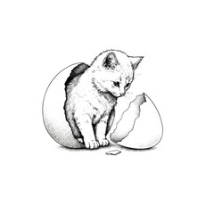 Surreal drawing of a cute kitten hatching from an egg.