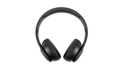 Over ear black headphones with padded earcups and headband are centrally displayed in a front facing view against a white space no background