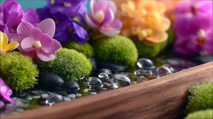 Orchids and Moss Arranged with Water and Stones