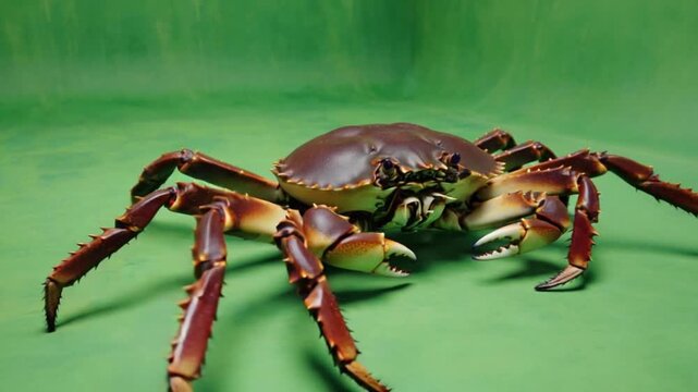A brown crab with large claws and spiky legs is shown on a green background in a studio setting crab green screen video