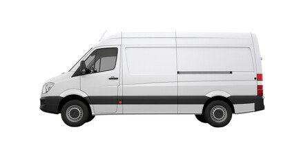 A white delivery van with sliding side door and black trim detail isolated on a plain bright field of colorlessness white background cutout