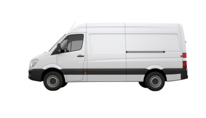 A white delivery van with sliding side door and black trim detail isolated on a plain bright field of colorlessness white background cutout