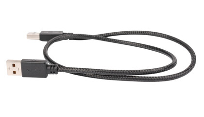 Fototapeta premium Black usb cable with silver connectors and braided texture lying coiled on a plain white background in a studio shot object on white and png
