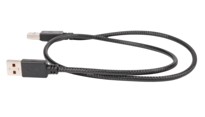 Black usb cable with silver connectors and braided texture lying coiled on a plain white background in a studio shot object on white and png