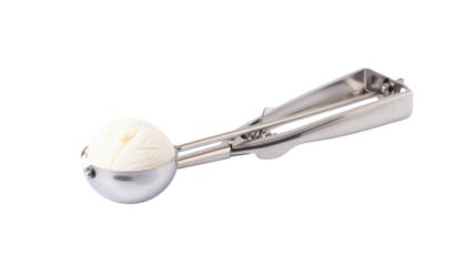 A scoop of white ice cream held in a shiny metal ice cream scoop with a lever mechanism for easy release isolated on white