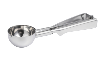 A shiny silver metal ice cream scoop with a trigger mechanism and a rounded bowl is displayed on a plain surface white background cutout