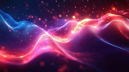 Abstract glowing wave-like structures with vibrant blue, pink, and orange colors and floating light particles creating a dynamic and futuristic atmosphere