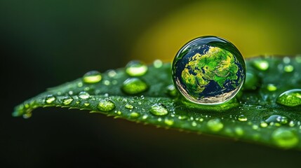 Close-up of a green leaf with water droplets, one droplet showing a reflection of Earth, symbolizing nature and environmental connection