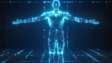 Glowing blue digital human figure composed of interconnected light nodes and lines standing with arms extended against a dark futuristic background