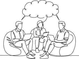 Team collaboration and brainstorming session with people using laptops and thought bubbles symbolizing ideas exchange