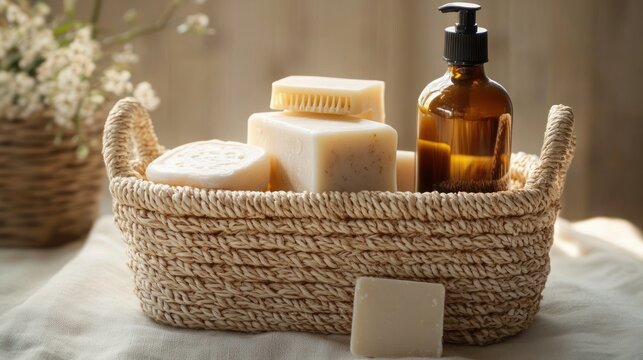 natural woven basket filled with various handmade soap bars and an amber pump bottle on a soft surface with blurred floral background