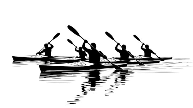 High-quality black silhouette line art of a group kayaking together on calm water, synchronized paddling, outdoor water adventure, teamwork on a scenic lake